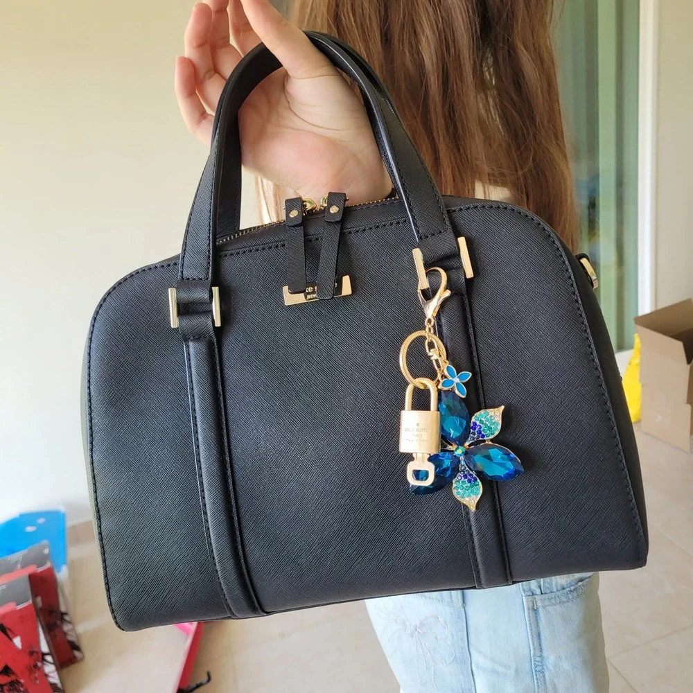 Louis Vuitton Padlock Key Blue Crystal Flower Bag Charm Keychain Gold Tone Gift